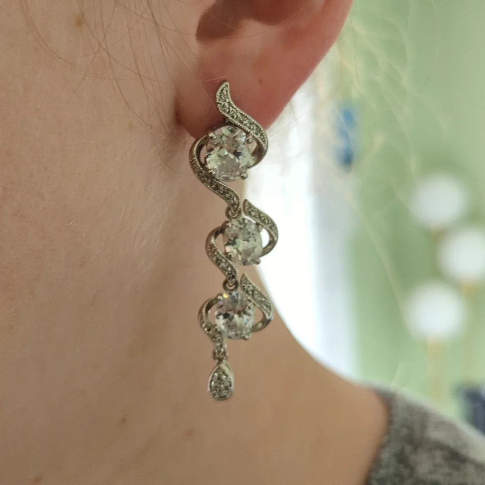 Silver Rhinestone Statement Drop Earrings - Picture 2 of 2
